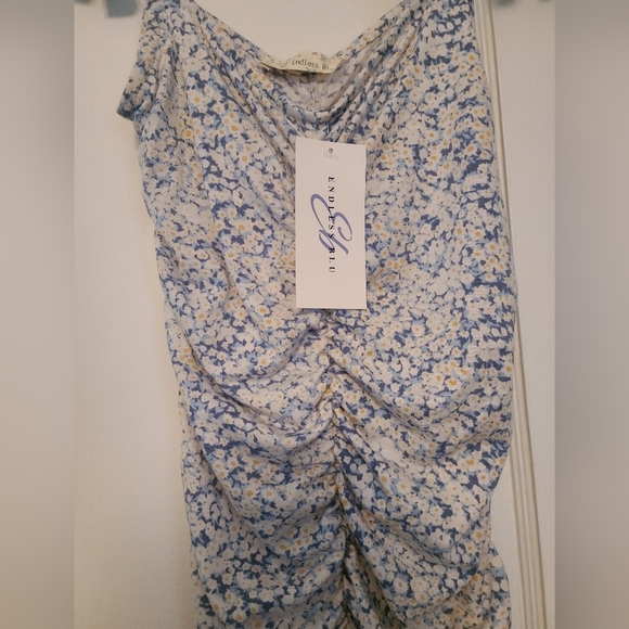 *NWT* ENDLESSBLU Light Blue Floral Ruched Shoulder Tie Maternity Dress (M) - Picture 3 of 4